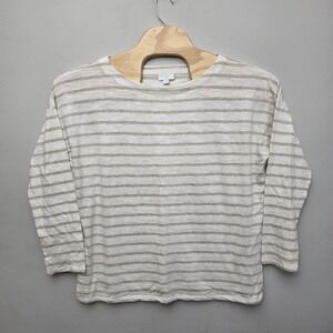 J. Jill Striped Top Womens Large Ivory Tan Cotton Relaxed Long Sleeve Coastal